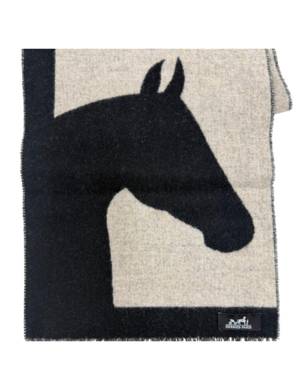 Hermes Love Story Scarf Cashmere with Fringe Horse Pattern Black Beige - Picture 7 of 10